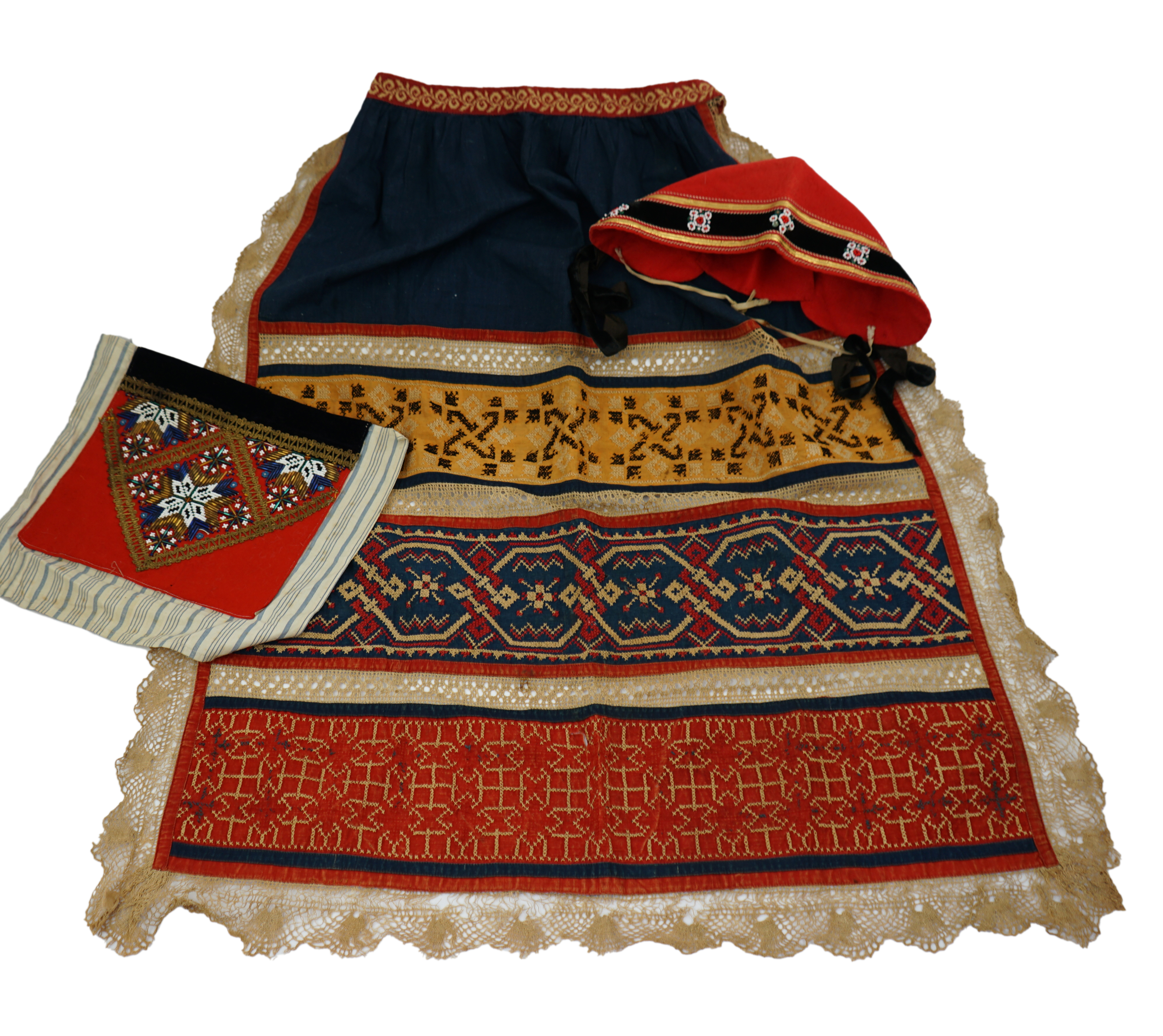 An Eastern European, possibly Ukrainian, apron and a Norwegian beaded bodice front, with child’s cap, the apron worked in rows of coloured cotton, embroidered with cross stitch patterns and lace insertions, the bodice, b